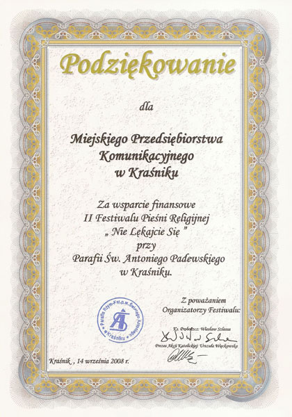 MPK Kraśnik › Galeria › Podziękowanie za wsparcie finansowe II ...