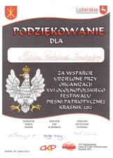 Podziękowanie za wsparcie przy organizacji XVI OFPP Kraśnik 2012